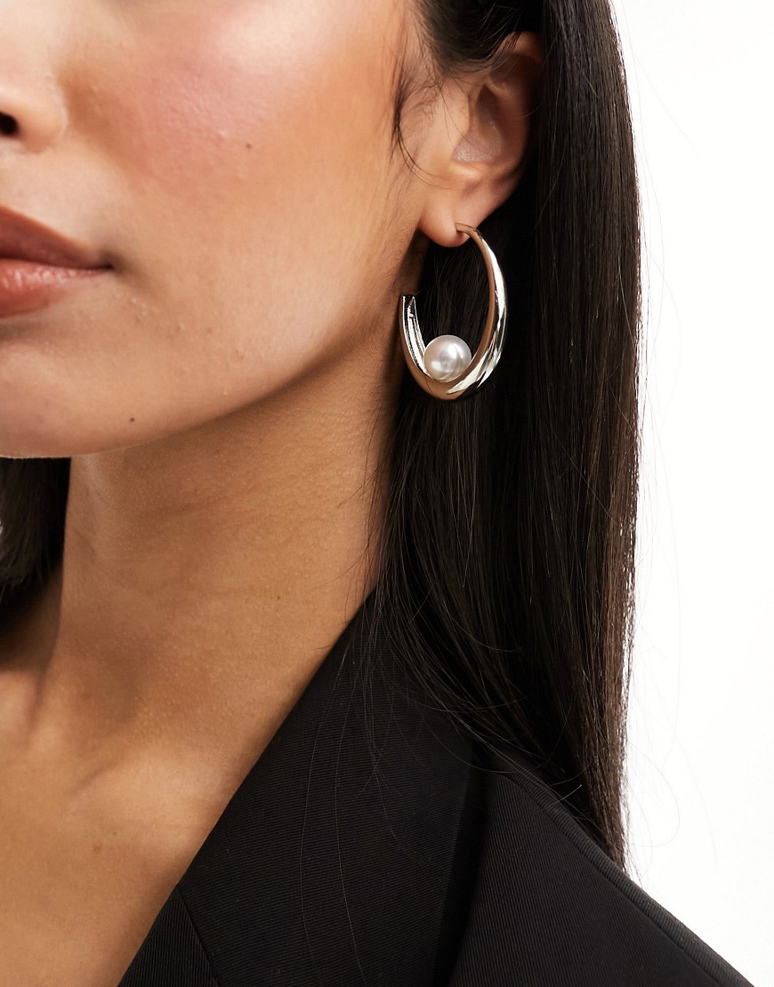 ASOS DESIGN hoop earrings with single faux pearl design in silver tone