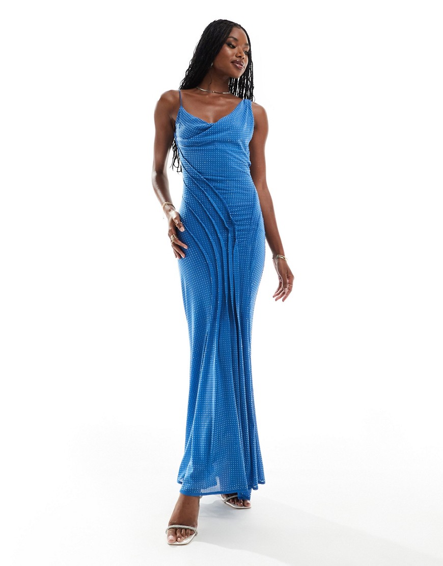 ASOS DESIGN hotfix cowl neck with draping maxi dress in blue