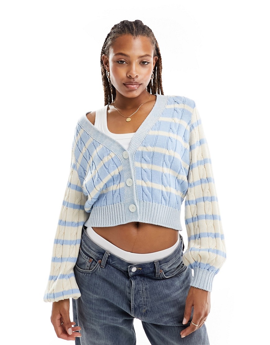ASOS DESIGN knitted cable cardigan in blue and cream stripe