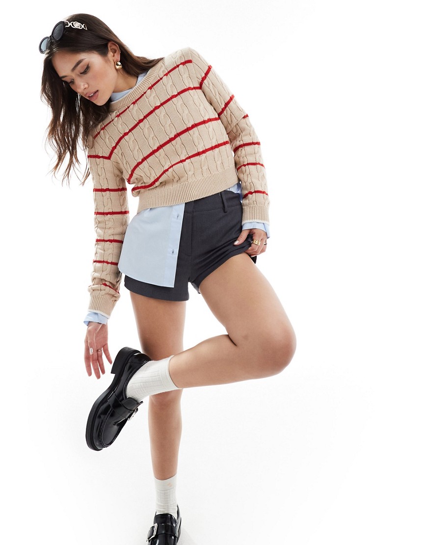 ASOS DESIGN knitted cable long sleeve top in red stripe-Multi