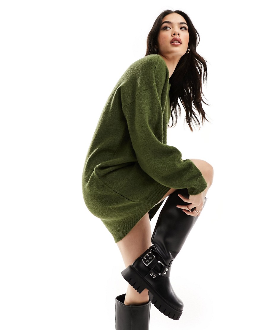 ASOS DESIGN knitted jumper mini dress with crew neck in khaki-Green