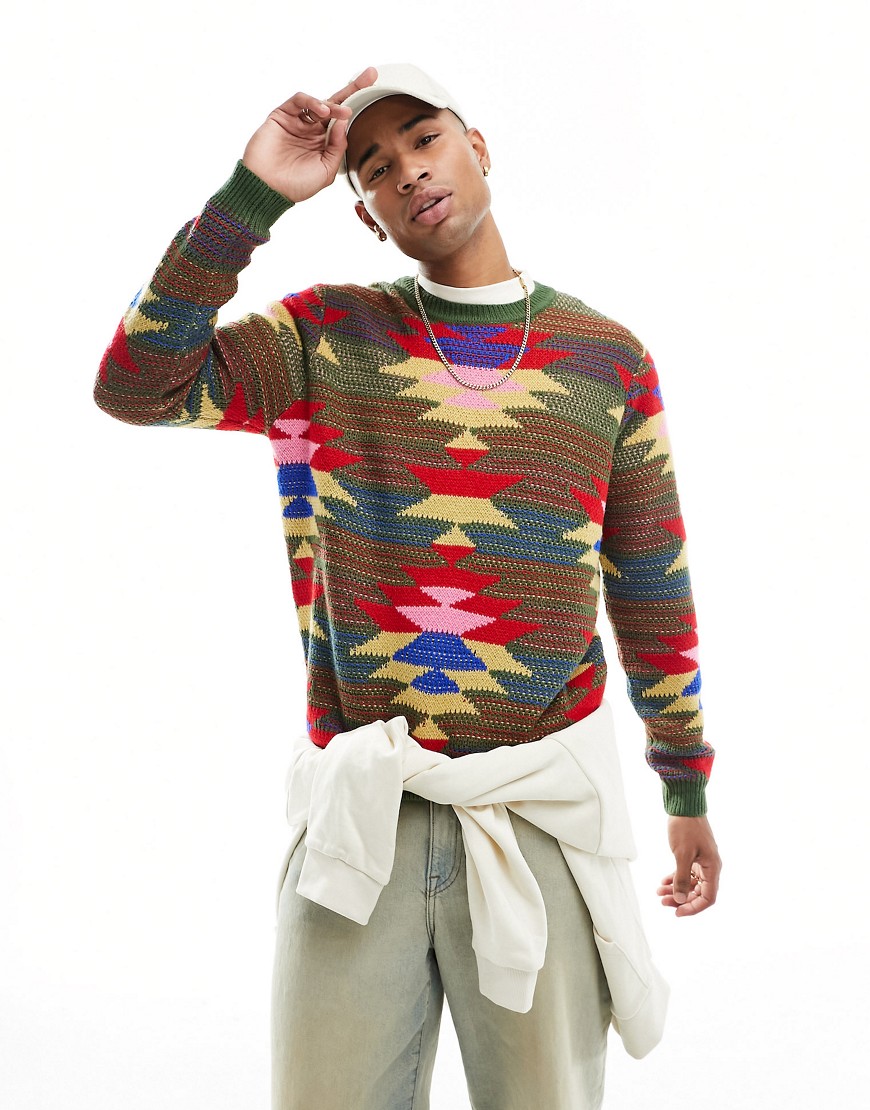 ASOS DESIGN knitted jumper with aztec pattern in orange-Multi