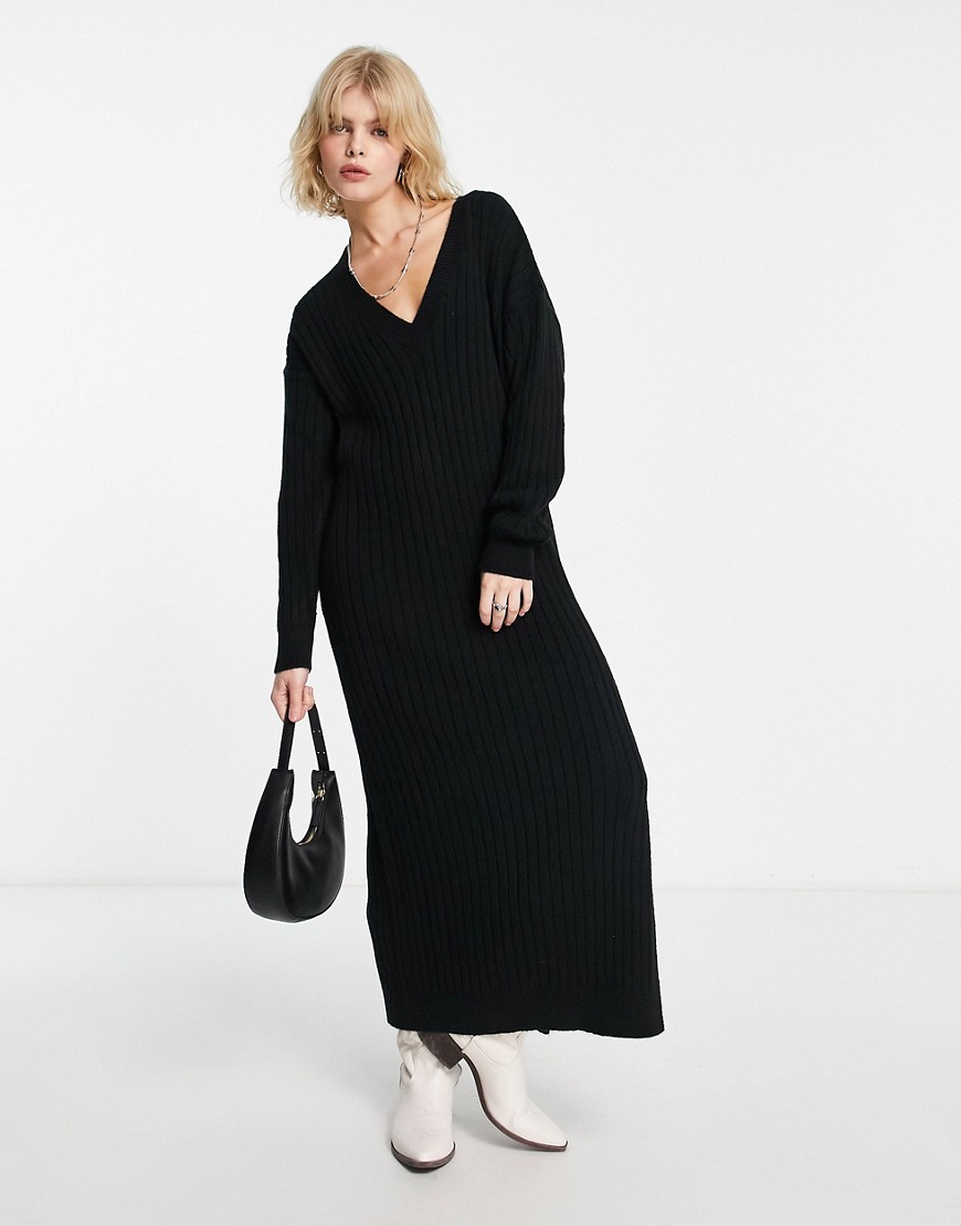 ASOS DESIGN knitted maxi jumper dress with v neck in black