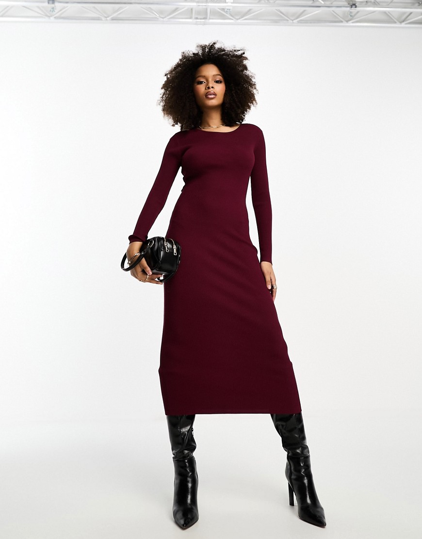 ASOS DESIGN knitted midi dress with cut out back detail in burgundy-Red