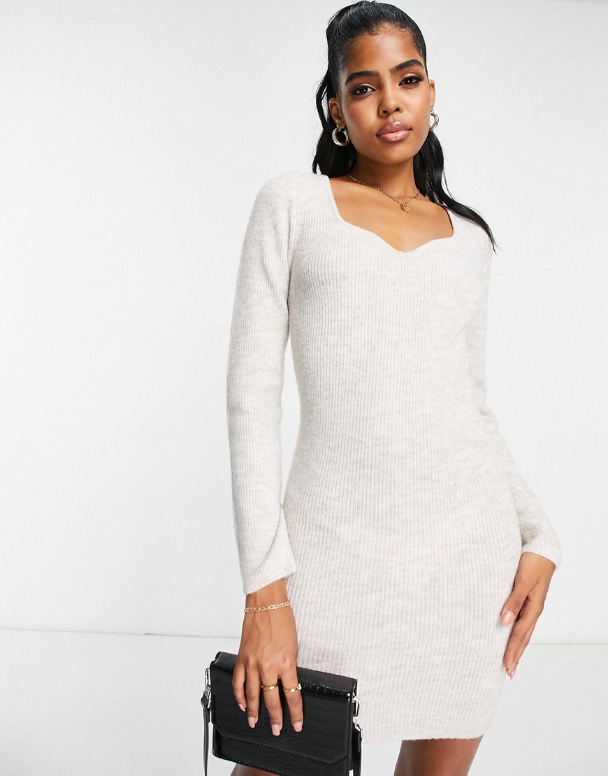 ASOS DESIGN knitted mini dress with sweetheart neckline in oatmeal-Neutral