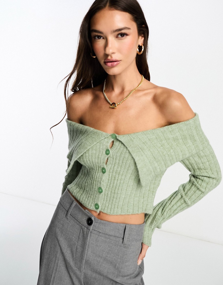 ASOS DESIGN knitted off shoulder button through cardigan in green