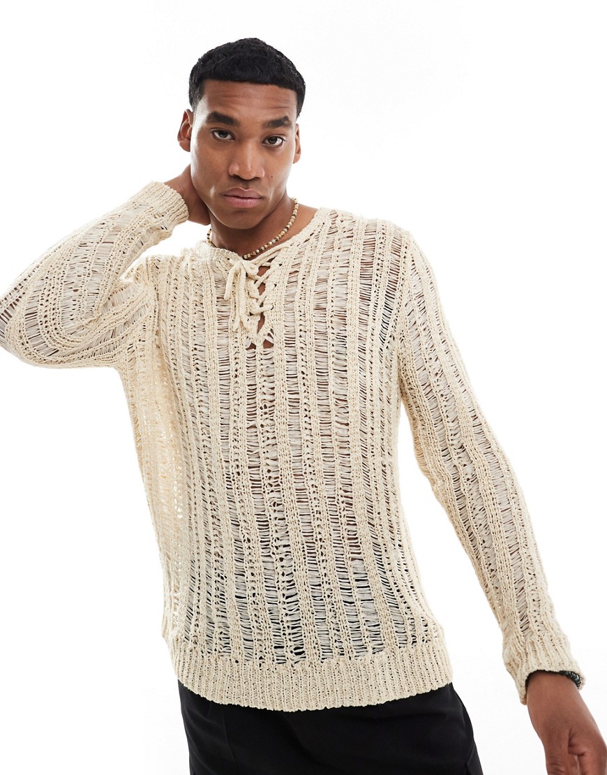 ASOS DESIGN knitted open stitch jumper with lace up detail in stone-Neutral