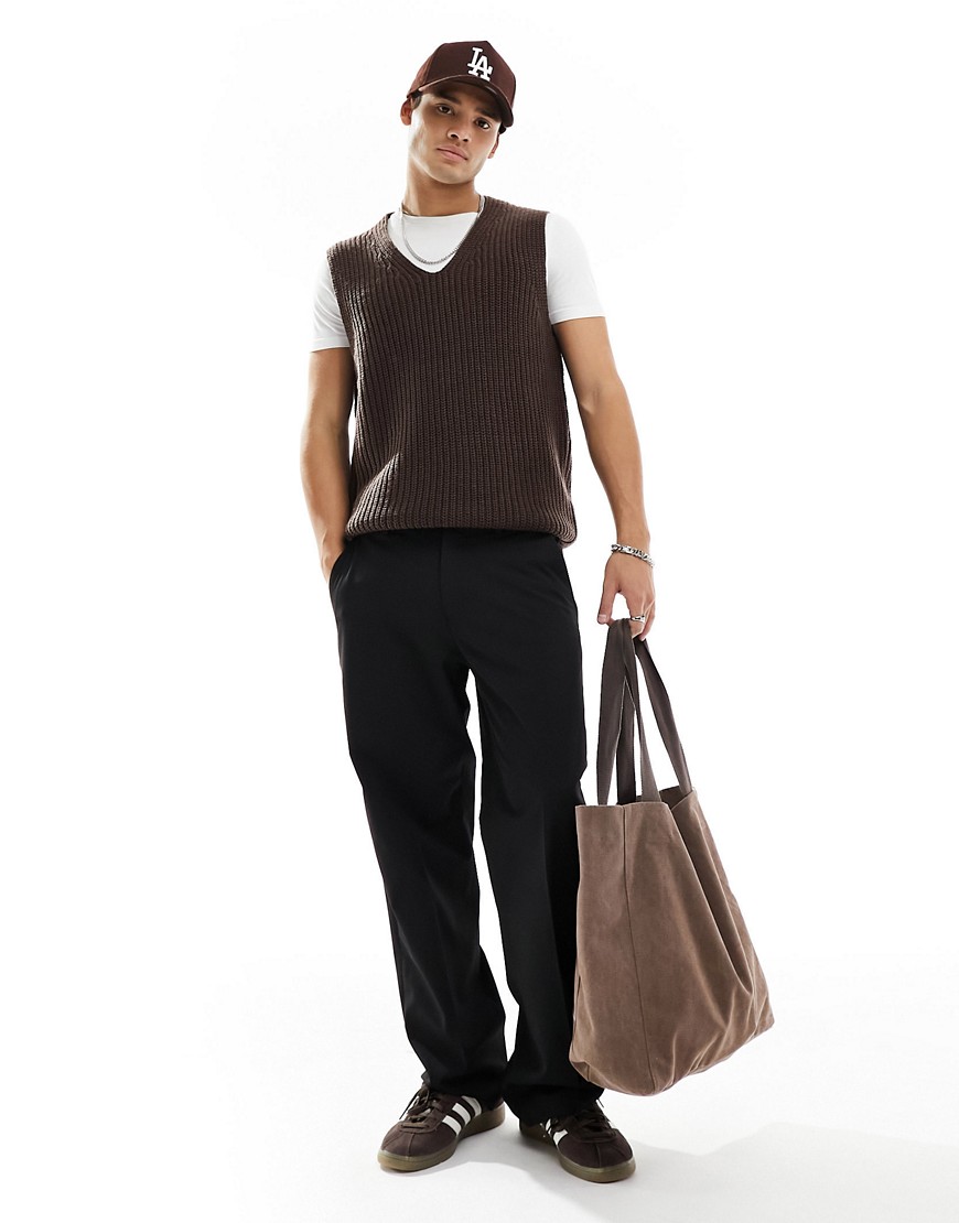 ASOS DESIGN knitted relaxed fisherman rib v neck tank in brown