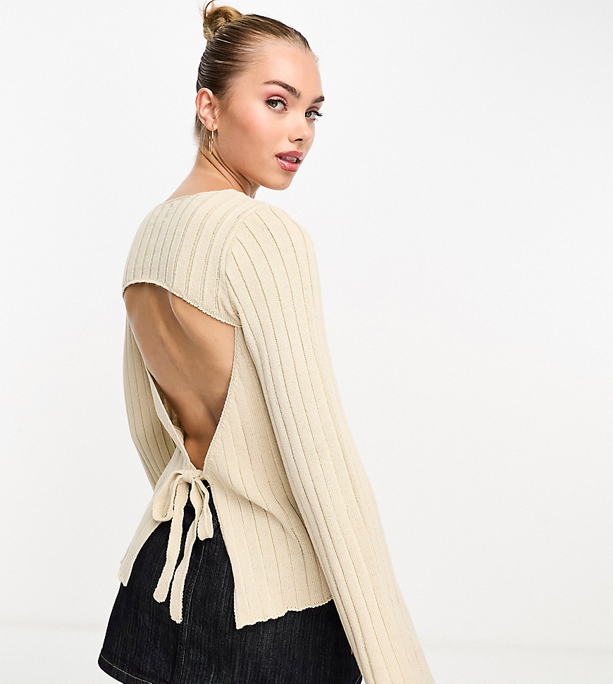 ASOS DESIGN knitted tie back jumper in stone-Neutral