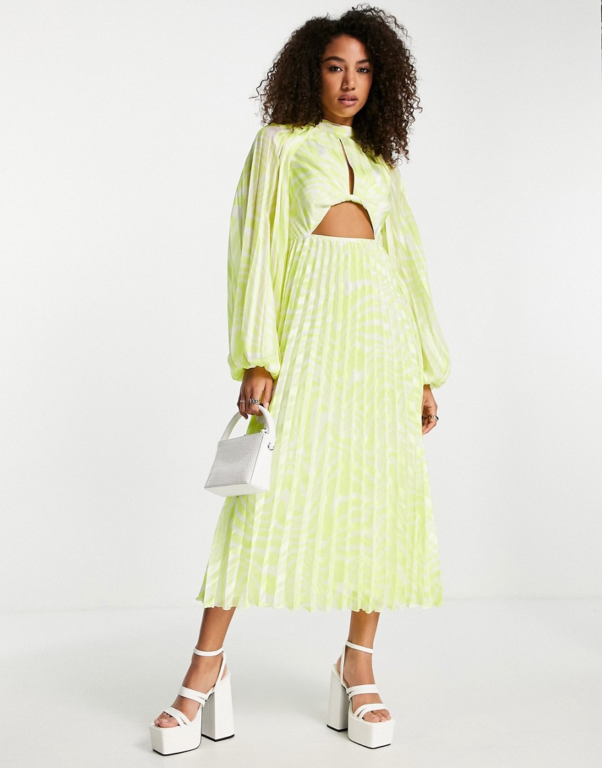 ASOS DESIGN knot front high neck cutout pleated midi dress in yellow textured stripe-Multi