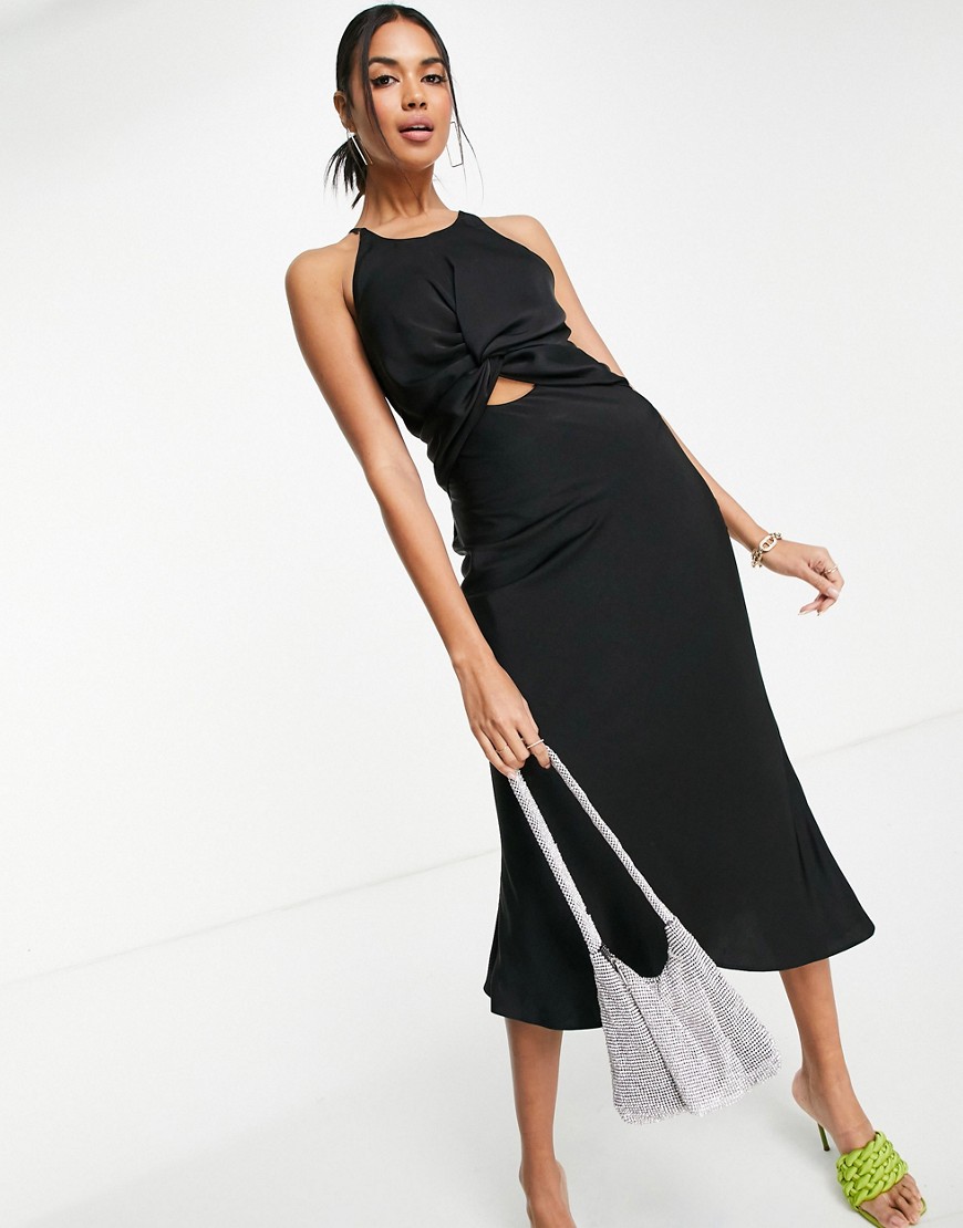 ASOS DESIGN knot front satin midi dress with tie back detail in black
