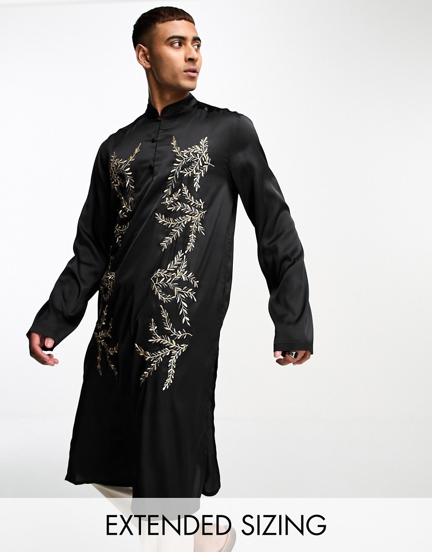 ASOS DESIGN kurta longline satin shirt with metallic floral embroidery in black