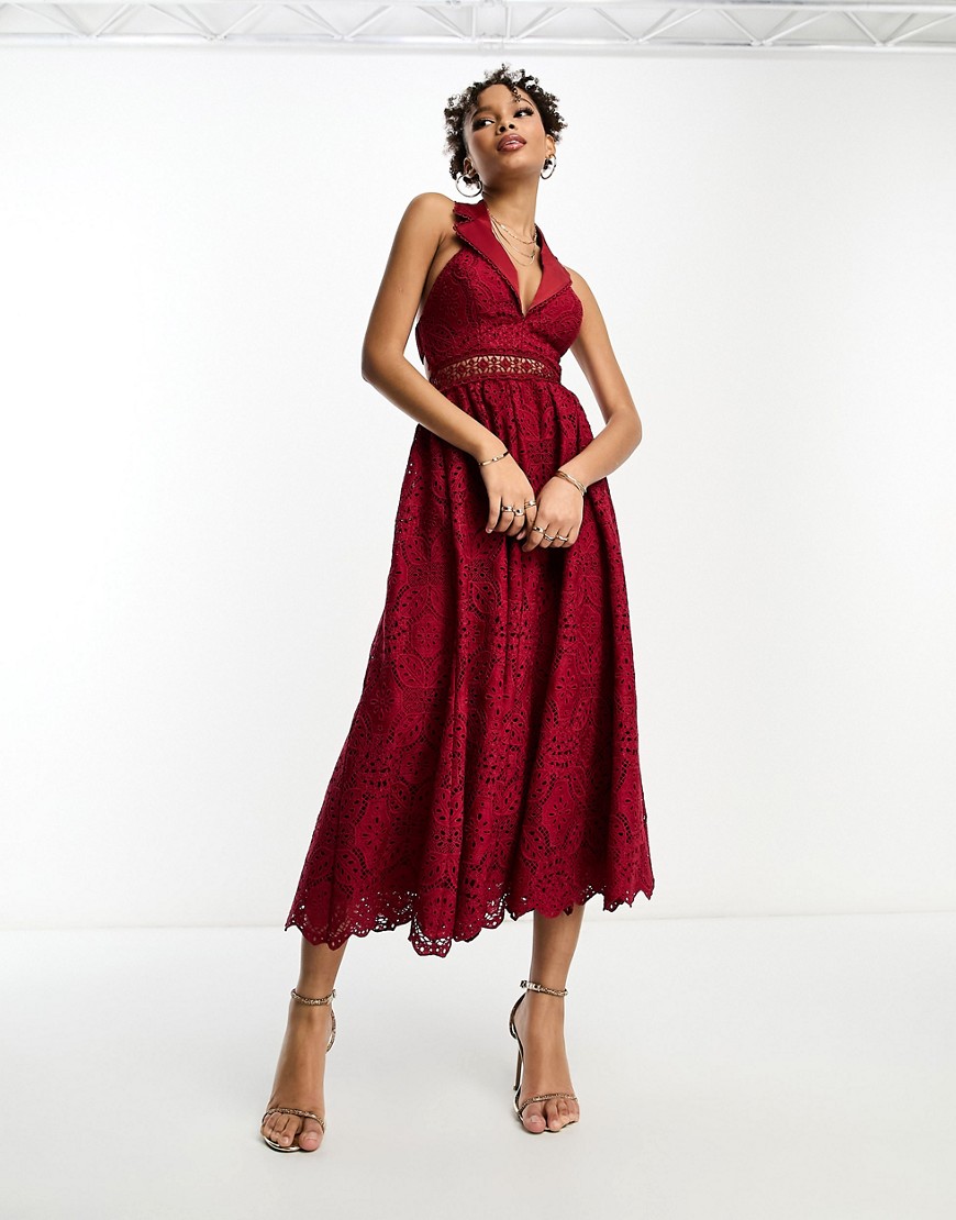 ASOS DESIGN lace collar midi dress with open back detail in wine-Red