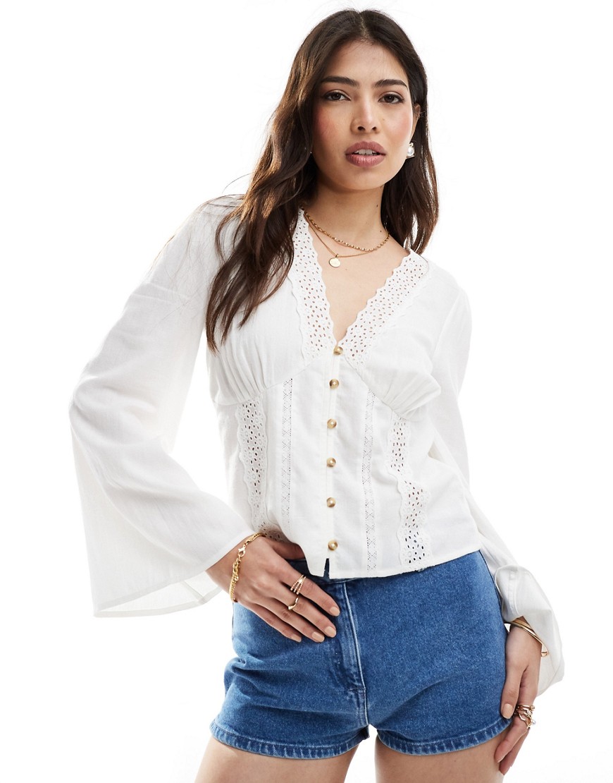 ASOS DESIGN lace insert long sleeve smock top in white
