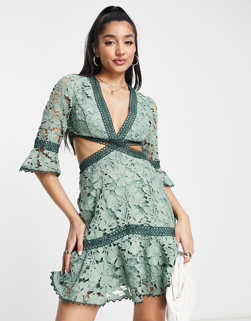 ASOS DESIGN lace mini dress with circle trim and cut out detail in sage green
