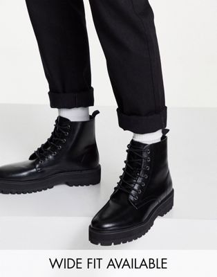 lace up boot in black faux leather with raised chunky sole