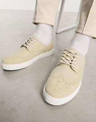 lace up brogue shoes in beige faux suede