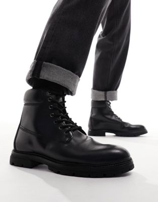 lace up worker boots in black leather