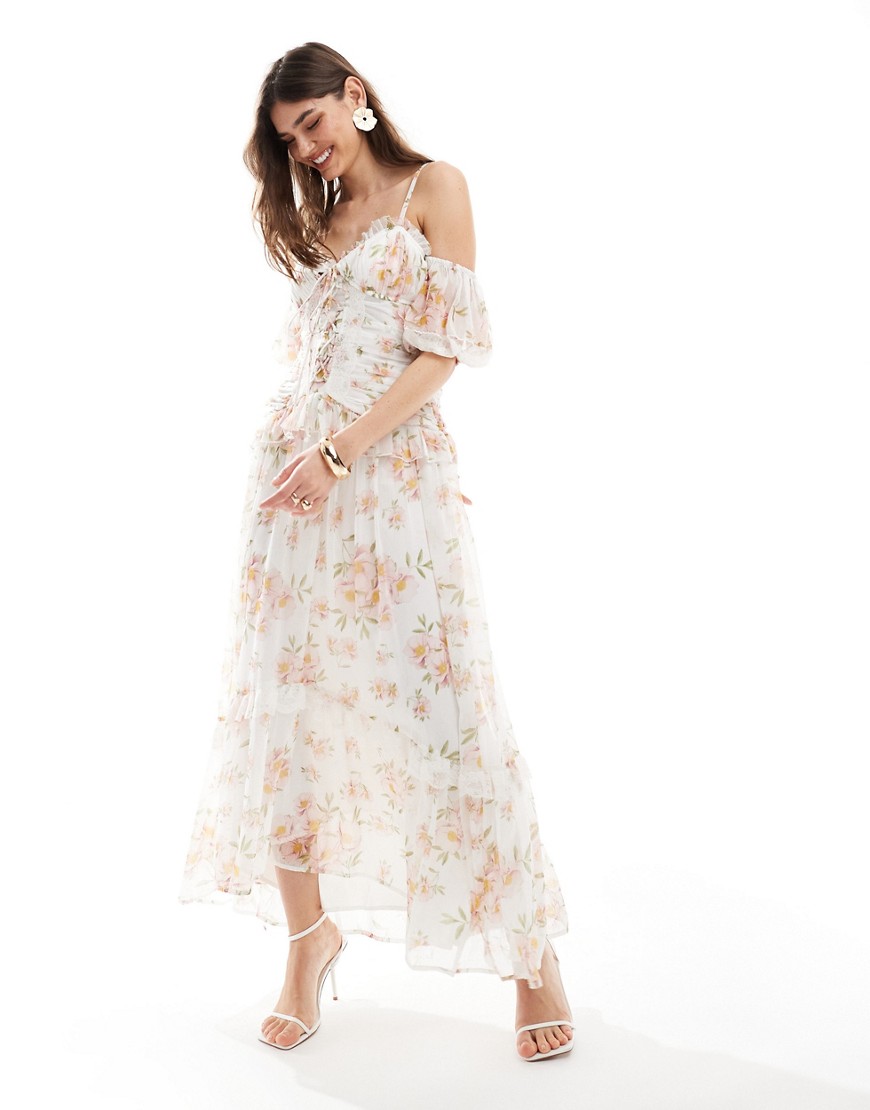 ASOS DESIGN lattice bodice bardot sleeve frill midi dress in floral print-Multi