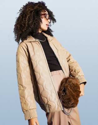 Leather look quilted bomber jacket in camel - Click1Get2 Offers
