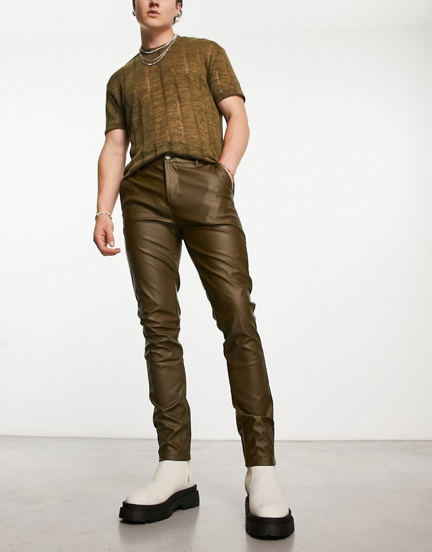 ASOS DESIGN leather look skinny trousers in khaki-Green