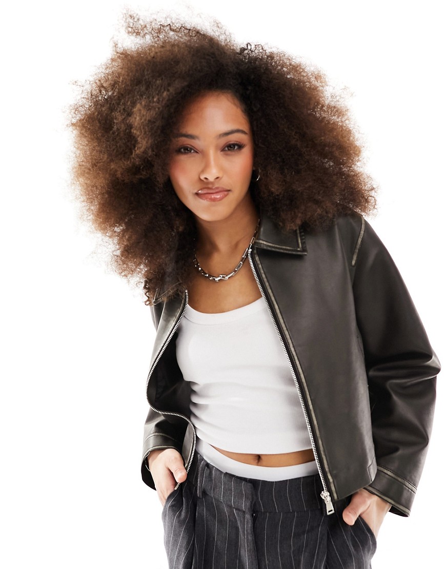 ASOS DESIGN leather look top collar jacket in washed black