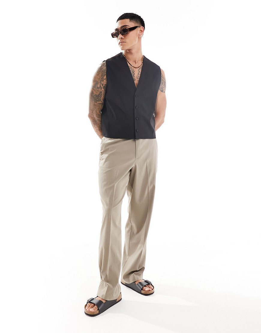 ASOS DESIGN linen blend wide leg smart trousers in brown crinkle