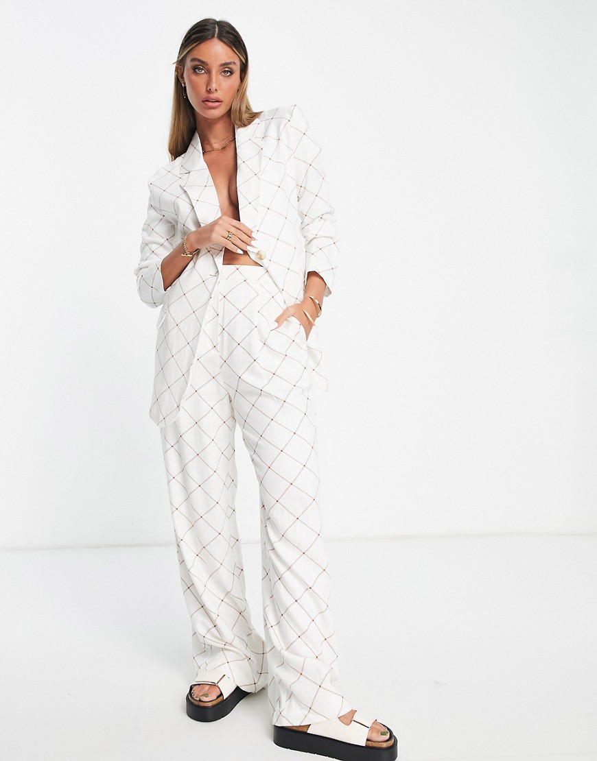ASOS DESIGN linen grid check wide leg relaxed flare suit trousers in cream-White