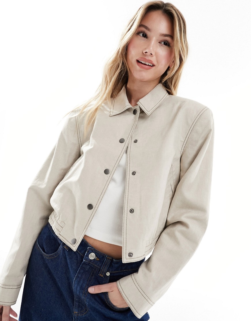ASOS DESIGN linen tailored bomber jacket with collar in stone-Neutral