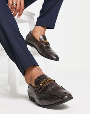 loafers in brown faux leather with snake effect