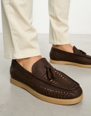 loafers with weave detail in dark brown leather with natural sole