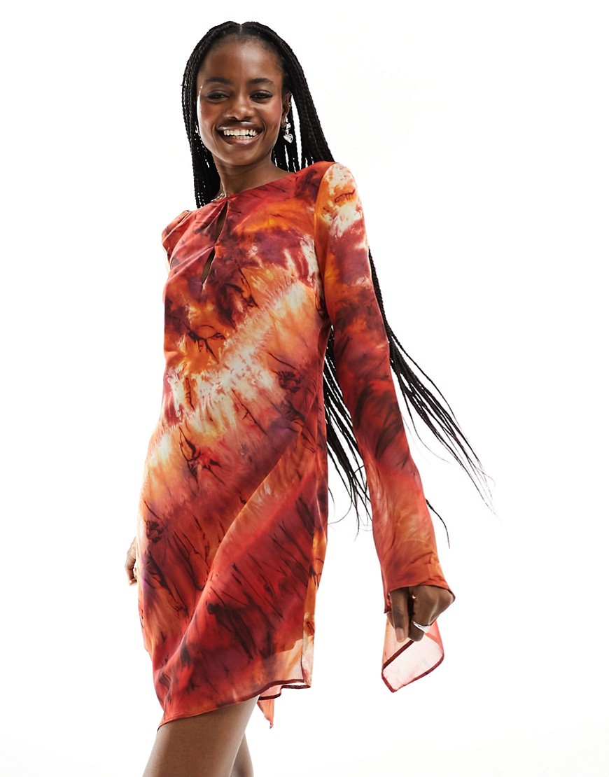 ASOS DESIGN long sleeve chiffon mini dress in red marble print-Multi