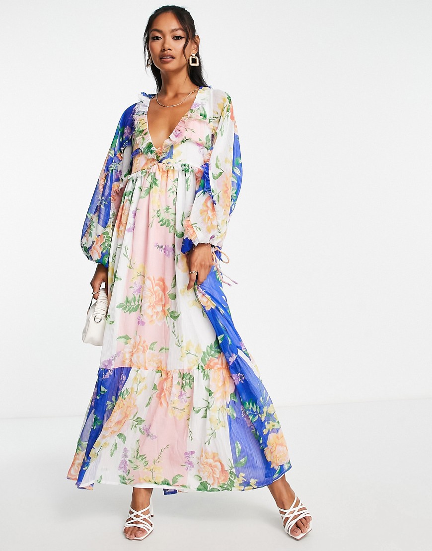ASOS DESIGN long sleeve chiffon smock midi dress with in oversized floral print-Multi