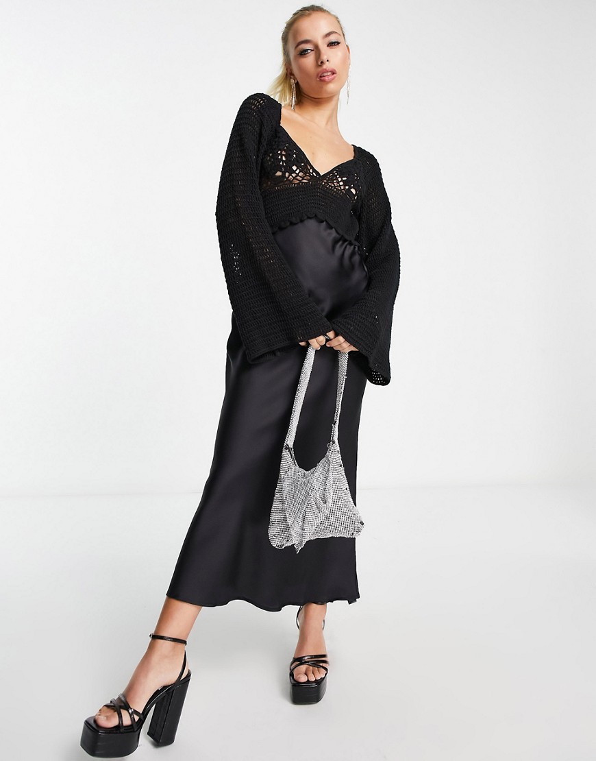 ASOS DESIGN long sleeve crochet bodice satin maxi dress in black