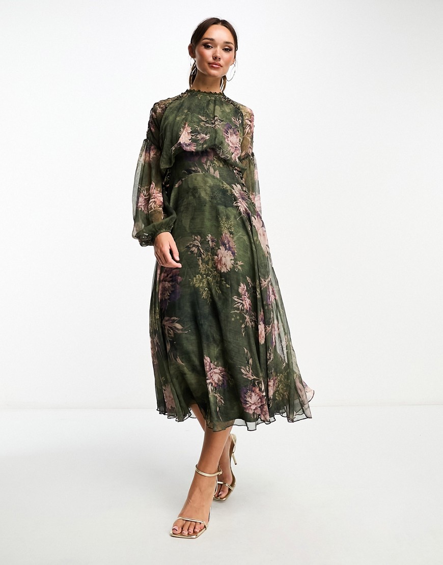 ASOS DESIGN long sleeve lace insert skater midi dress in green floral print-Multi