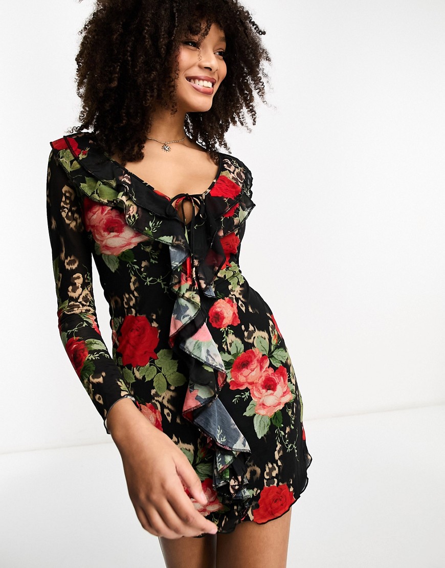 ASOS DESIGN long sleeve mini dress with ruffle detail in red rose print-Multi