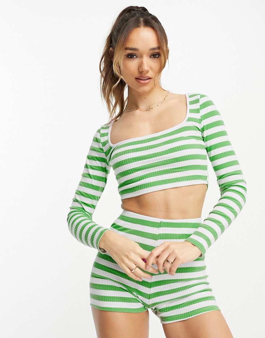 ASOS DESIGN long sleeve rib square neck top co-ord in green and white stripe-Multi