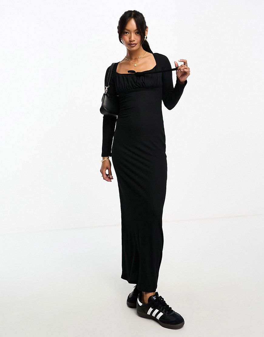 ASOS DESIGN long sleeve ruched bust maxi dress with tie front in black