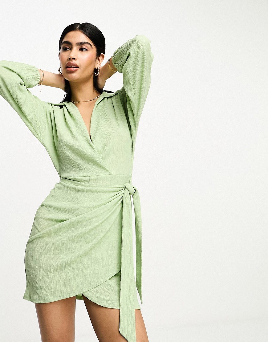 ASOS DESIGN long sleeve v neck wrap mini dress in mint-Green