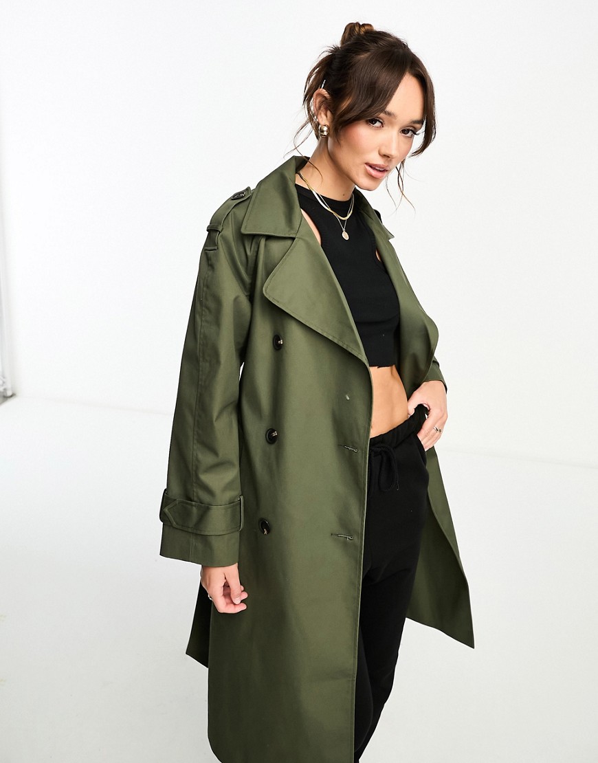 ASOS DESIGN longline trench coat in dark khaki-Green