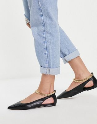Lookout ballet flats with ankle chain in black lizard