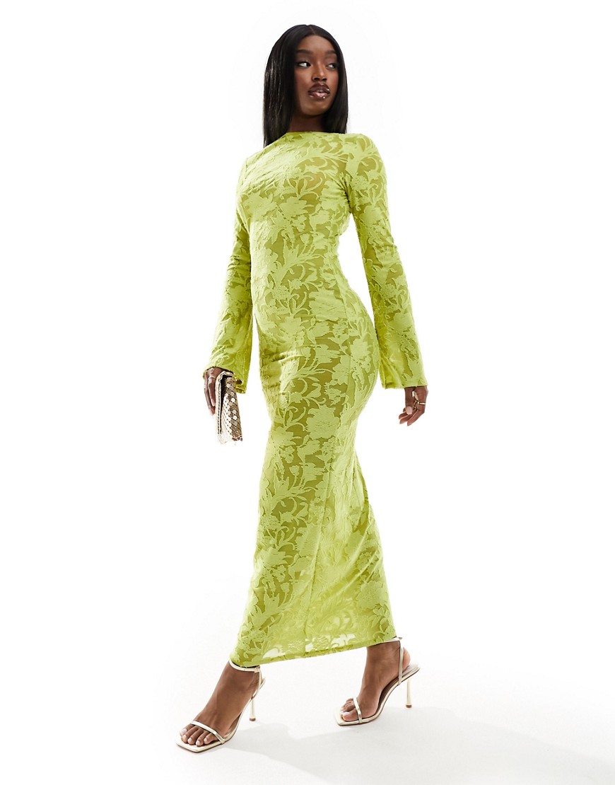 ASOS DESIGN low back sheer burnout mesh maxi dress with angel sleeves in lime-Yellow