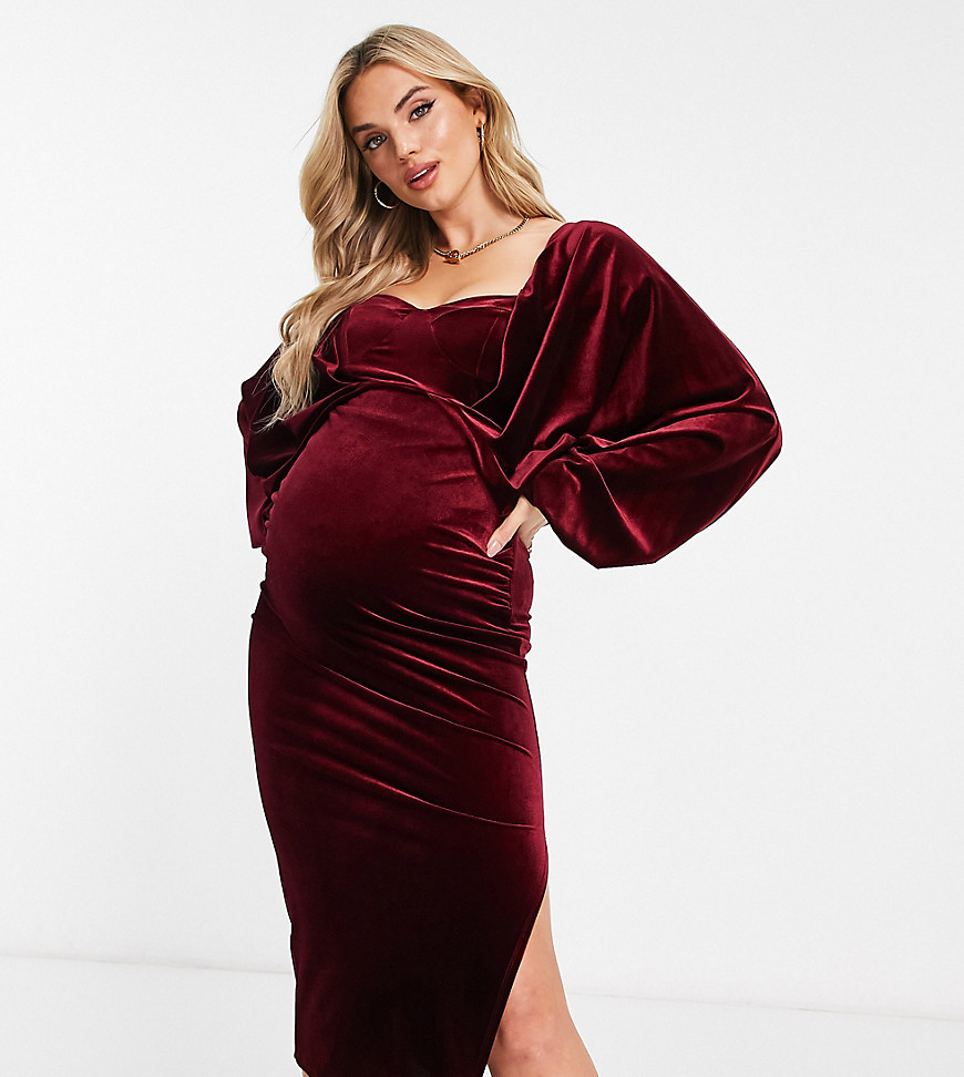 ASOS DESIGN Maternity batwing sleeve velvet midi dress in berry-Red
