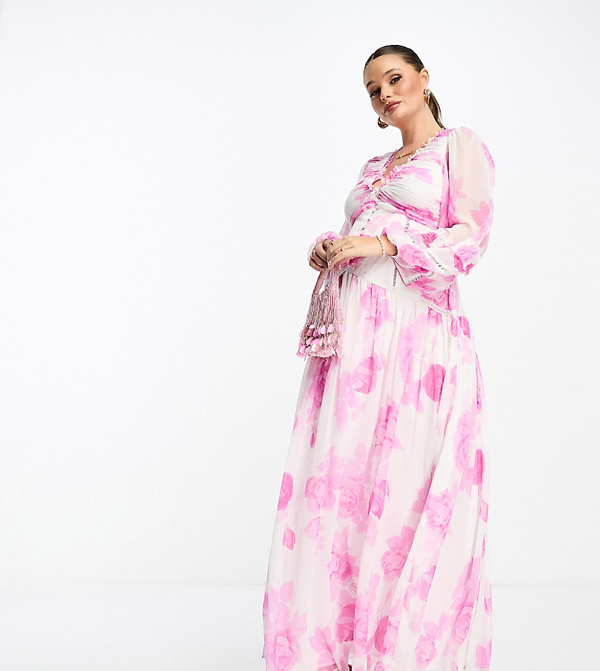 ASOS DESIGN Maternity button through pintuck maxi dress with lace inserts in large pink floral print-Multi