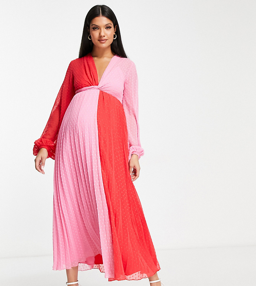 ASOS DESIGN Maternity dobby twist front pleated midi dress in red and pink colourblock-Multi