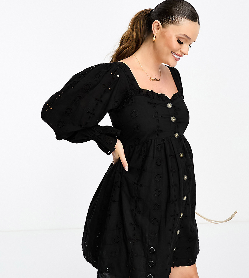 ASOS DESIGN Maternity exclusive broderie square neck button through dress in black