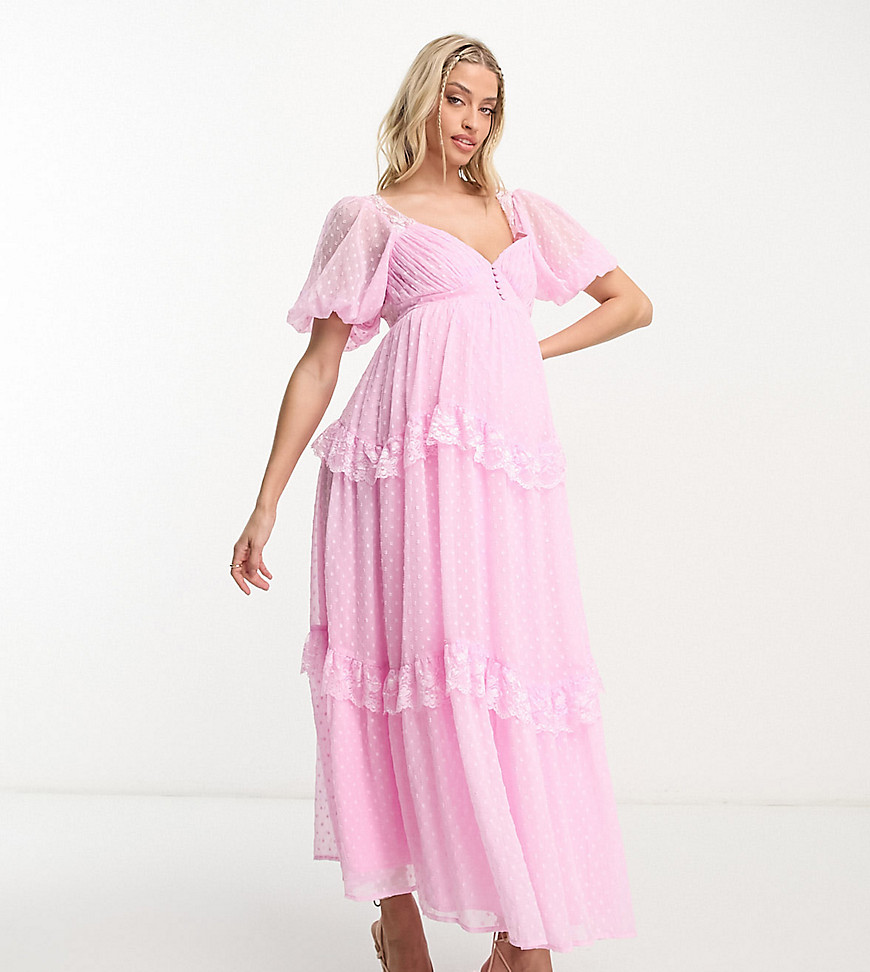 ASOS DESIGN Maternity open back lace insert dobby maxi tea dress in light pink