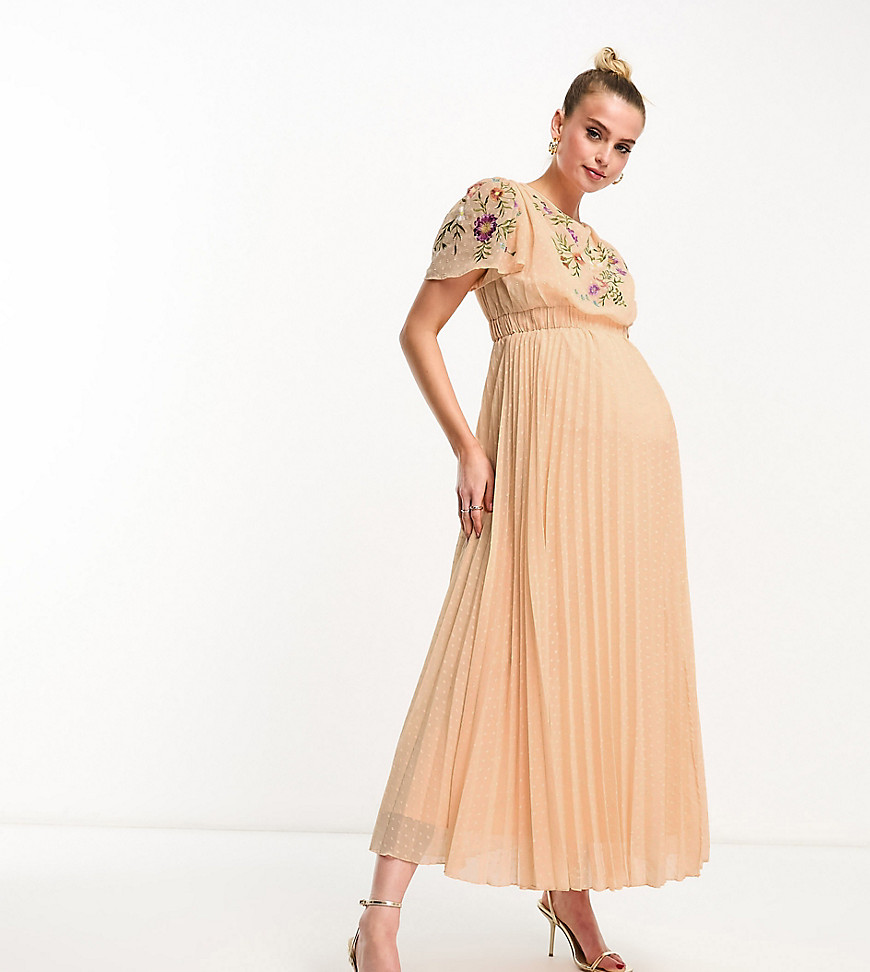 ASOS DESIGN Maternity pleated dobby cowl front embroidered maxi dress with belt in coral-Orange