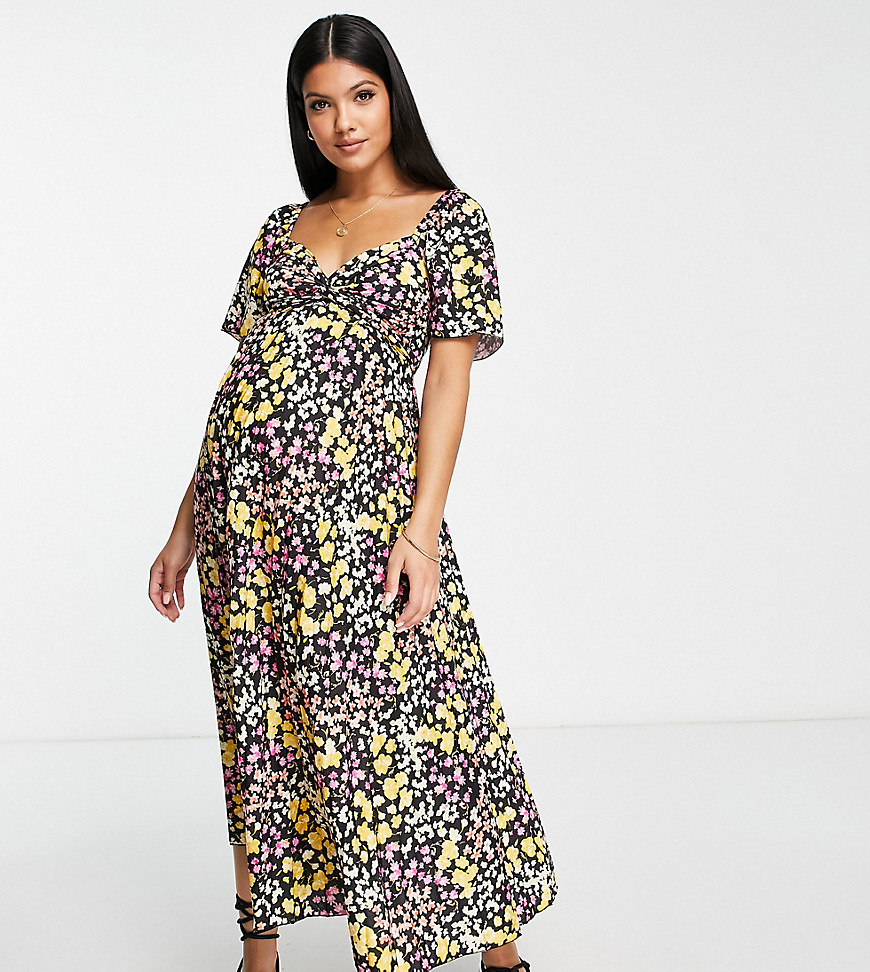 ASOS DESIGN Maternity pleated knot detail midi dress in black base floral