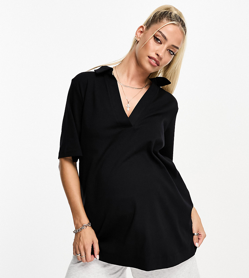 ASOS DESIGN Maternity relaxed polo shirt with deep v in black